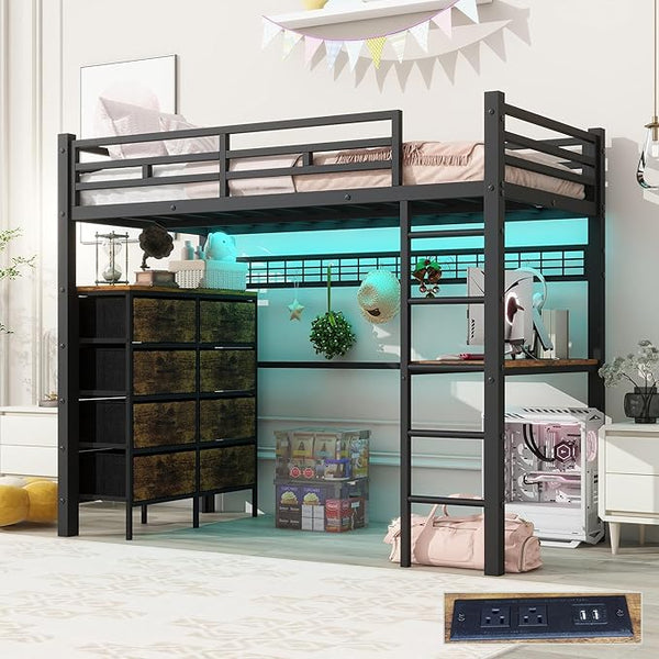 Twin Loft Bed with U-Shaped Desk, LED, Storage Drawers & Power Outlet