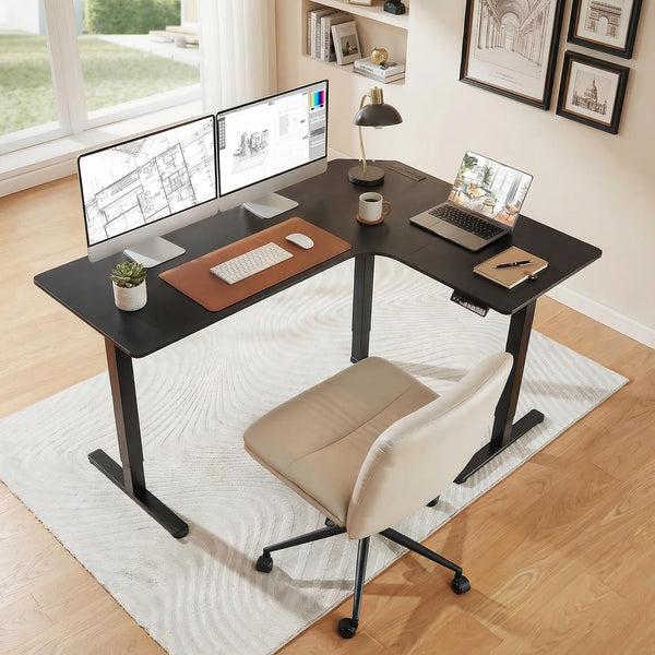 L-Shaped Electric Standing Desk with Built-In Power Outlets