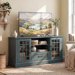 62-Inch Farmhouse TV Stand with Storage Cabinets and Glass Doors