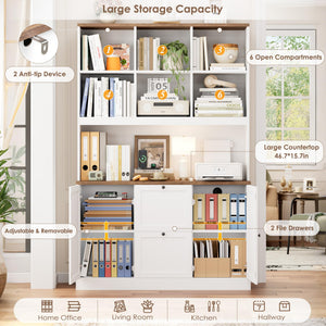 72-Inch Tall Bookcase with Power Outlet, File Drawers & Cabinet Doors