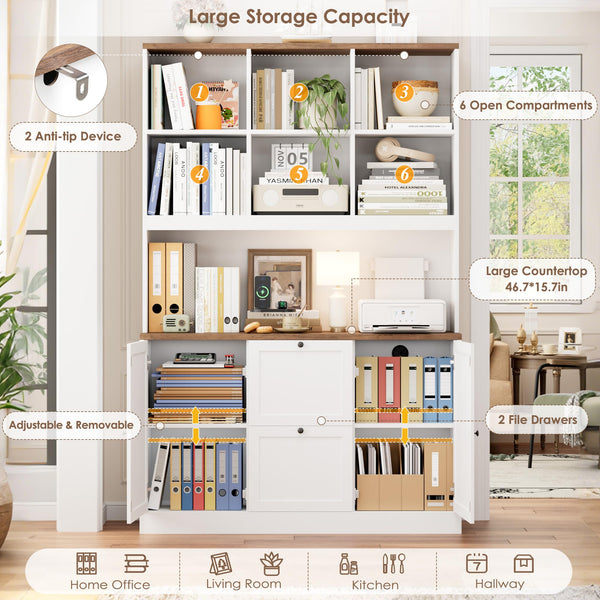 72-Inch Tall Bookcase with Power Outlet, File Drawers & Cabinet Doors