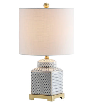 Ceramic Ginger Jar LED Table Lamp – Chinoiserie Fishnet Pattern, Linen Shade