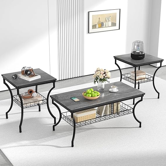 3-Piece Living Room Coffee Table Set with Storage Shelves