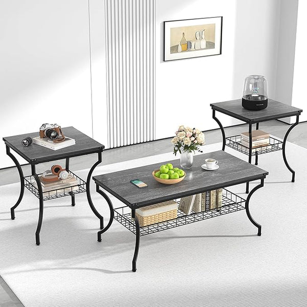 3-Piece Coffee and End Table Set with Storage Shelves