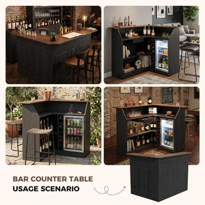 L-Shaped Home Bar Unit with LED Strip, Stemware Racks & Fridge Space – Black & Walnut
