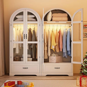 2-Door Arched Armoire Wardrobe with LED Light & Drawers