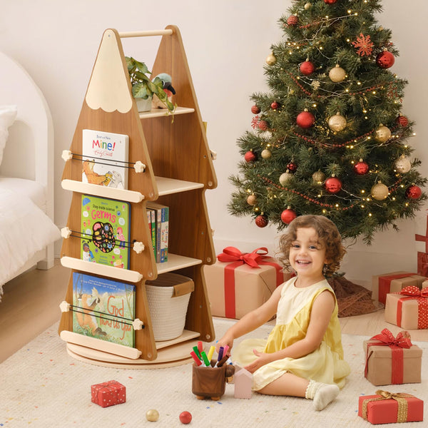 360° Rotating Tree Bookshelf – 4-Tier Pine Wood Floor Standing Bookcase