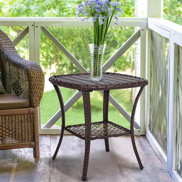 Outdoor Wicker Patio Side Table with 2-Tier Storage