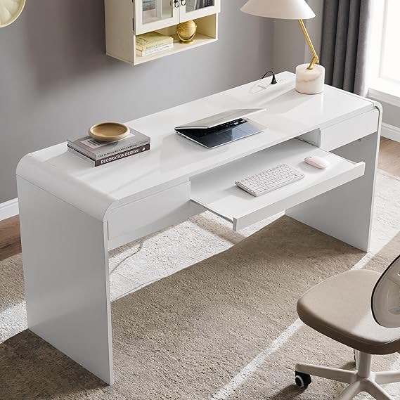 63" Curved Computer Desk with Drawers & Charging Station