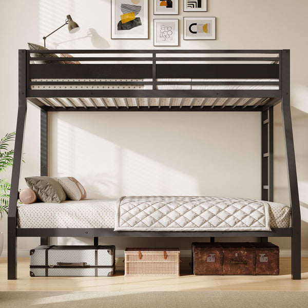 Heavy Duty Metal Bunk Bed Twin Over Full with Safety Guardrail & Ladder
