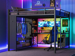Twin Size Loft Bed with Desk, Wardrobe & Charging Station