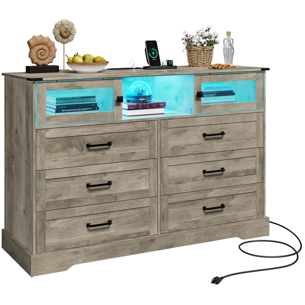 6 Drawer Dresser with LED Lights and Charging Station – Farmhouse Chest of Drawers, Rustic Oak