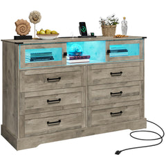 6 Drawer Dresser with LED Lights and Charging Station – Farmhouse Chest of Drawers, Rustic Oak