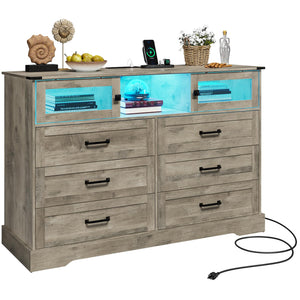 6 Drawer Dresser with LED Lights and Charging Station – Farmhouse Chest of Drawers, Rustic Oak