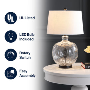 Clear Glass and Black Metal LED Table Lamp with White Linen Shade