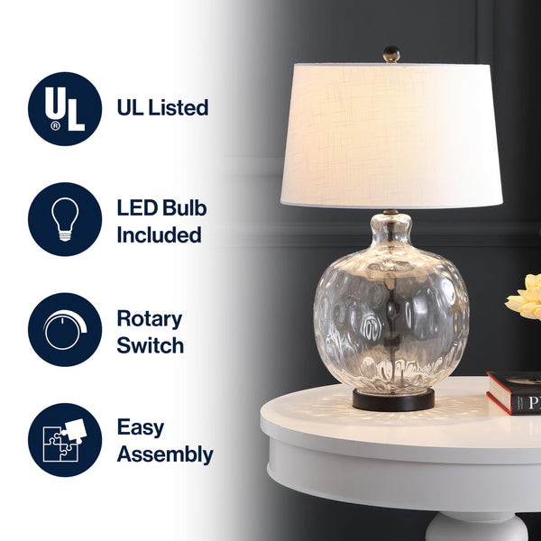 Clear Glass and Black Metal LED Table Lamp with White Linen Shade