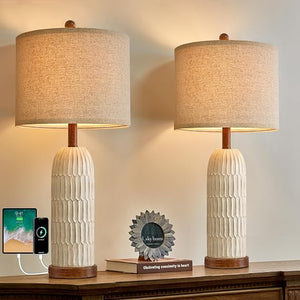 Farmhouse Bedside Table Lamps Set of 2 with USB Charging Ports