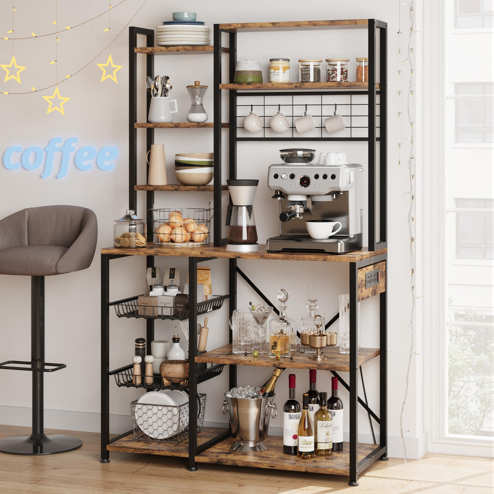 Baker's Rack with Power Outlet & Wire Basket, 7-Tier Kitchen Storage Shelf
