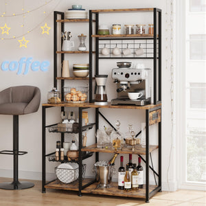 Baker's Rack with Power Outlet & Wire Basket, 7-Tier Kitchen Storage Shelf