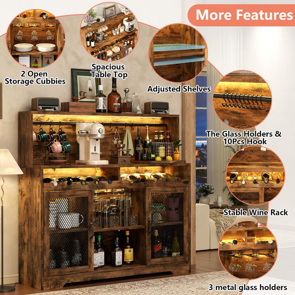 Wine Bar Cabinet with LED Light & Glass Holder