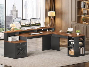 L Shaped Desk with 2 Drawers, 65" x 59" Corner Desk with Storage & LED Strip