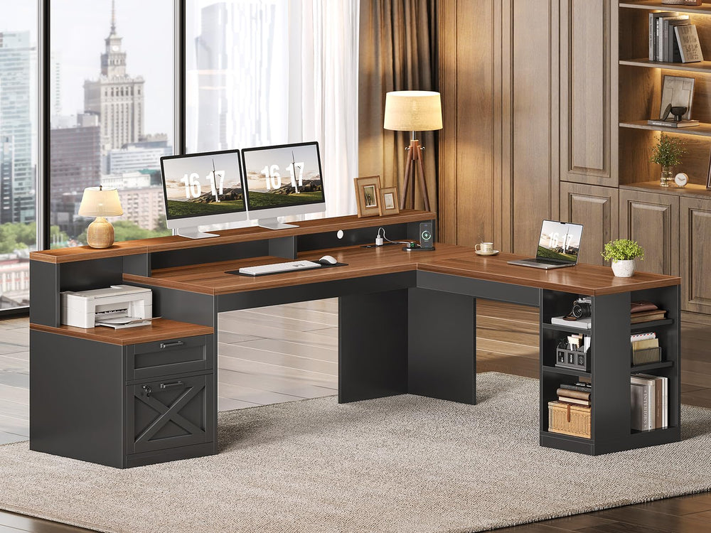 L-Shaped Corner Desk with Storage, Drawers & LED Lights