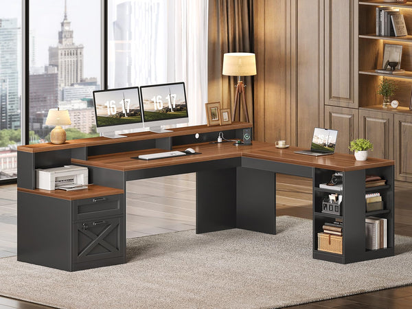 L-Shaped Corner Desk with Storage, Drawers & LED Lights