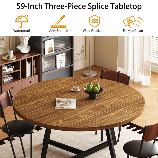 59-Inch Round Dining Table – Seats 6-8, Metal Pedestal Base