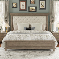 King Bed Frame with Tall Upholstered Headboard – Solid Pine Wood Platform Bed
