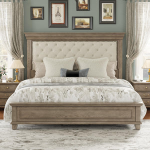 King Bed Frame with Tall Upholstered Headboard – Solid Pine Wood Platform Bed