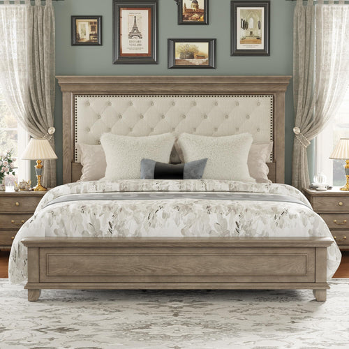 King Bed Frame with Tall Upholstered Headboard – Solid Pine Wood Platform Bed