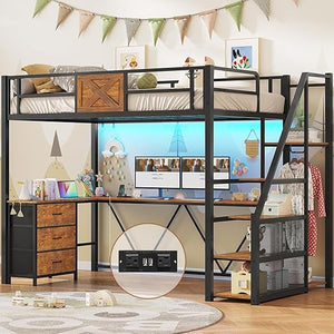 Twin Loft Bed with L-Shaped Desk, Wardrobe & Storage Stairs