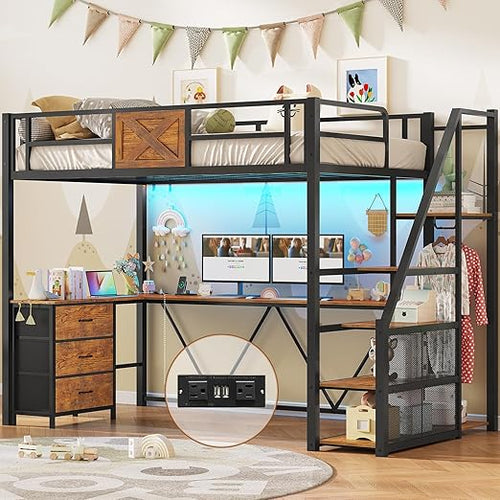 Twin Loft Bed with L-Shaped Desk, Wardrobe & Storage Stairs