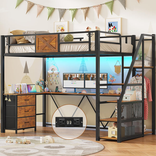 Twin Loft Bed with L-Shaped Desk, Wardrobe & Storage Stairs