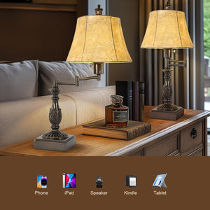 Rustic Swing Arm Table Lamp Set of 2 with USB A+C Ports