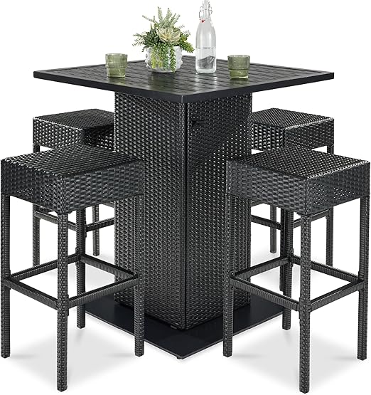 5-Piece Outdoor Wicker Bar Table Set with 4 Stools