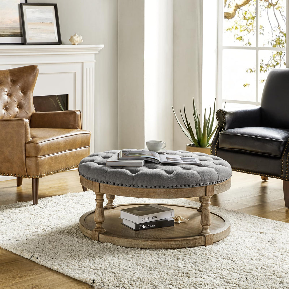 Round Tufted Ottoman with Storage Shelf