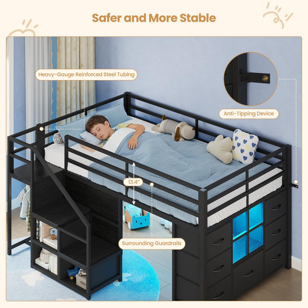 Kids Low Loft Bed Twin with Stairs, LED Lights & Storage