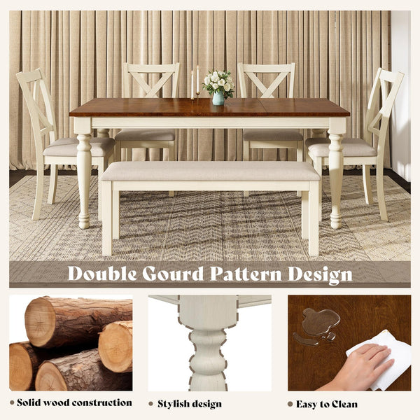 6-Piece Farmhouse Solid Wood Dining Table Set with Chairs and Bench