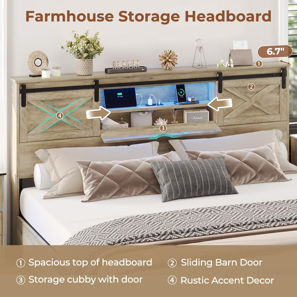Farmhouse Bed Frame with Storage Headboard, LED Lights & Charging Station