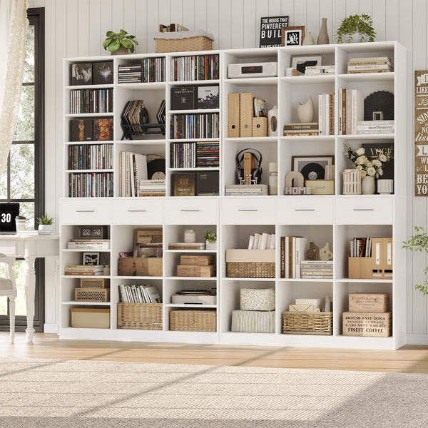 Tall Bookcase with Drawers & Adjustable Shelves – 9-Tier Wide Storage Cabinet