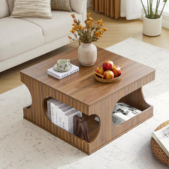 Square Coffee Table with Storage | 2-Tier Mid-Century Modern, Arched Design
