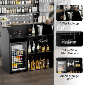 Home Bar Cabinet with Mini Fridge Space, Power Outlet & Wine Glass Holder