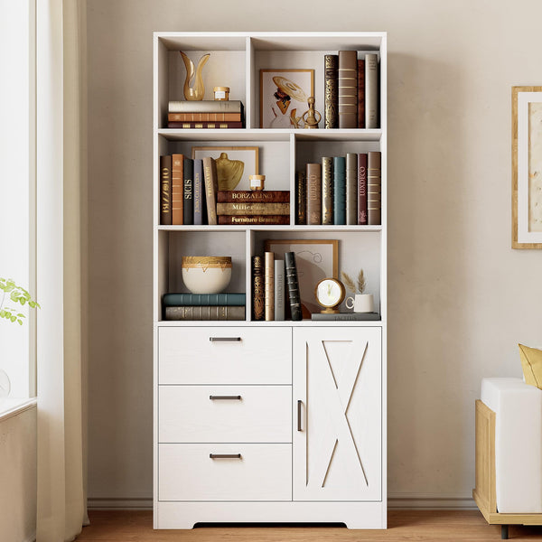 6-Tier Tall Bookcase with 3 Drawers, Cabinet Doors & Open Shelves