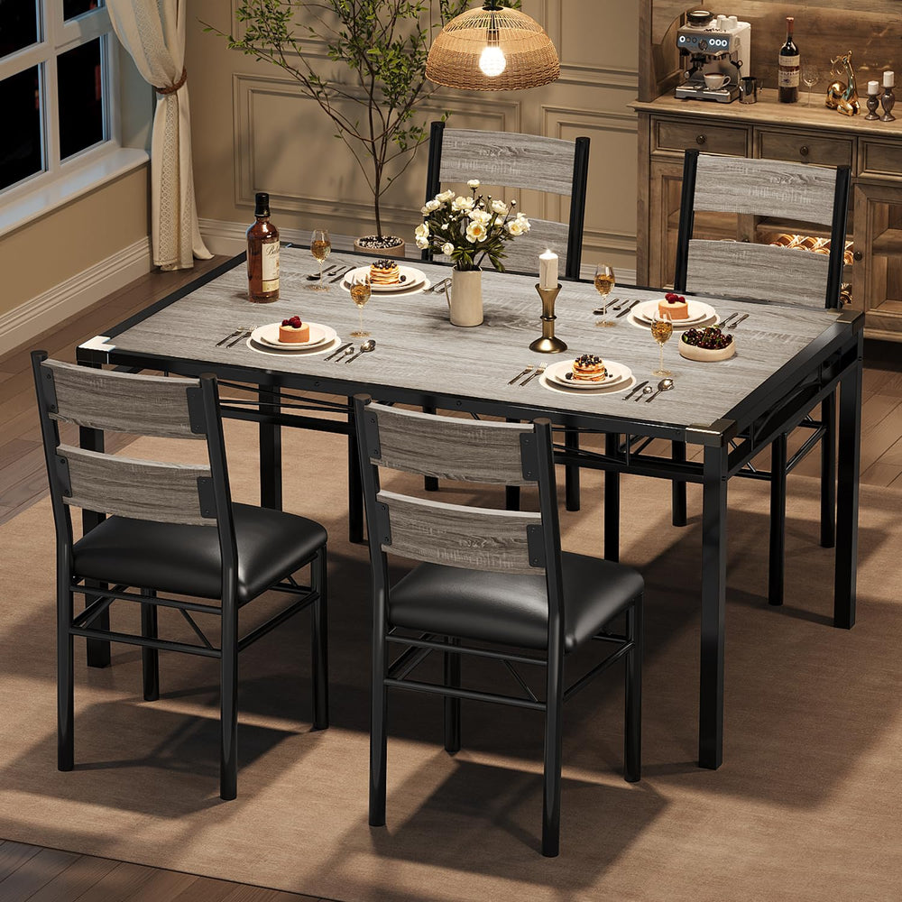 5-Piece Industrial Dining Table Set for 4 with Upholstered Chairs