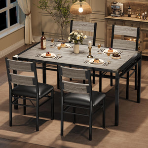 5-Piece Industrial Dining Table Set for 4 with Upholstered Chairs