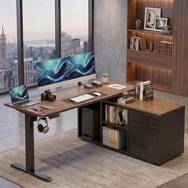 L-Shaped Electric Standing Desk with Drawers