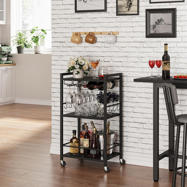 3-Tier Bar Cart with Wine Rack, Glass Holder & S-Hooks