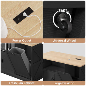 63-Inch Kitchen Island with LED Lights, Power Outlet & Trash Can Storage