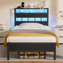 Full Size Bed Frame with LED Lights, Charging Station & Storage Headboard